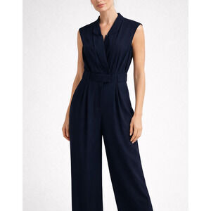 Reiss Sara Tux Jumpsuit Womens 6 Navy Crepe Pleated Wide Leg Old Money Luxury